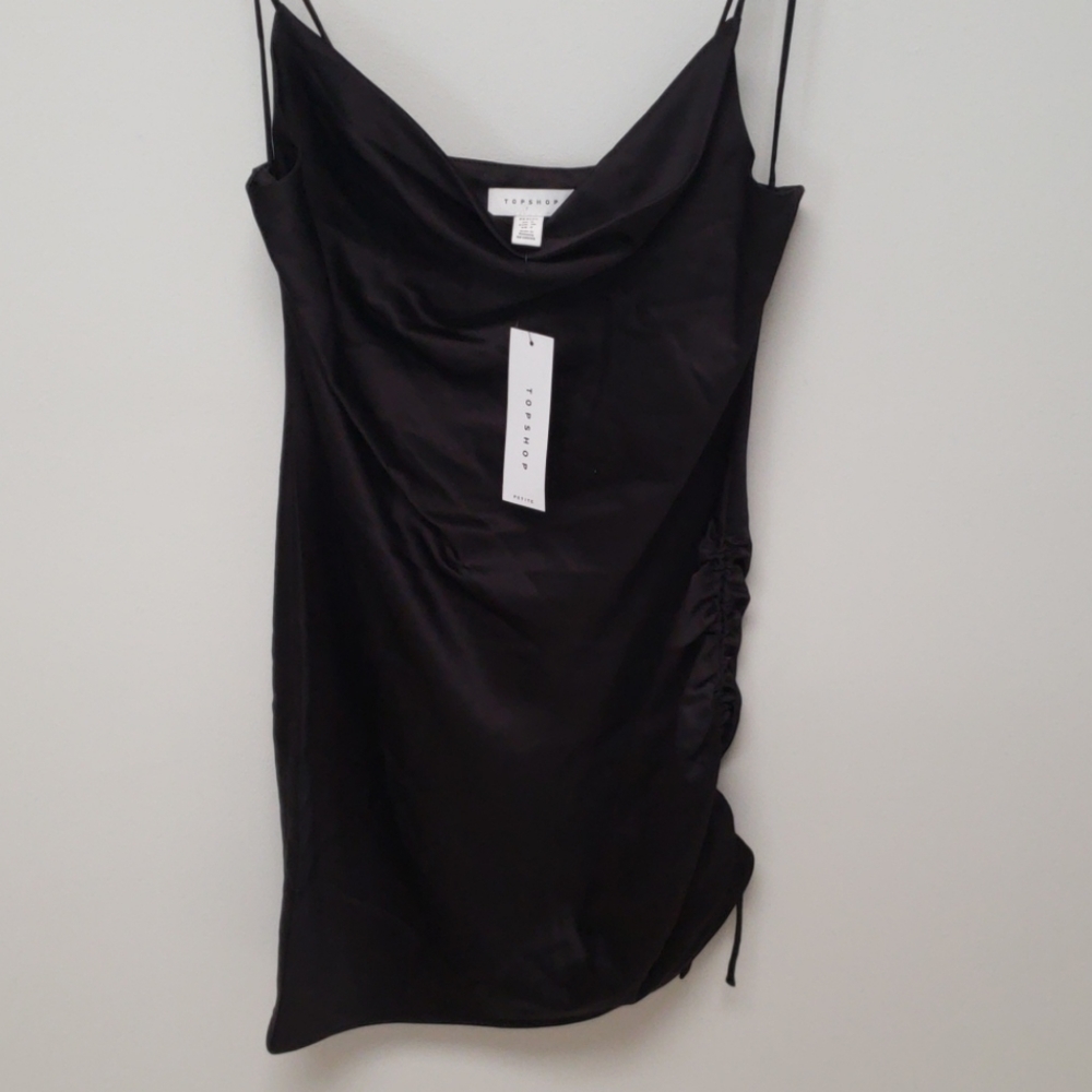 TOPSHOP BLACK SATIN SIDE RUCHED MINI DRESS SIZE 4 petite